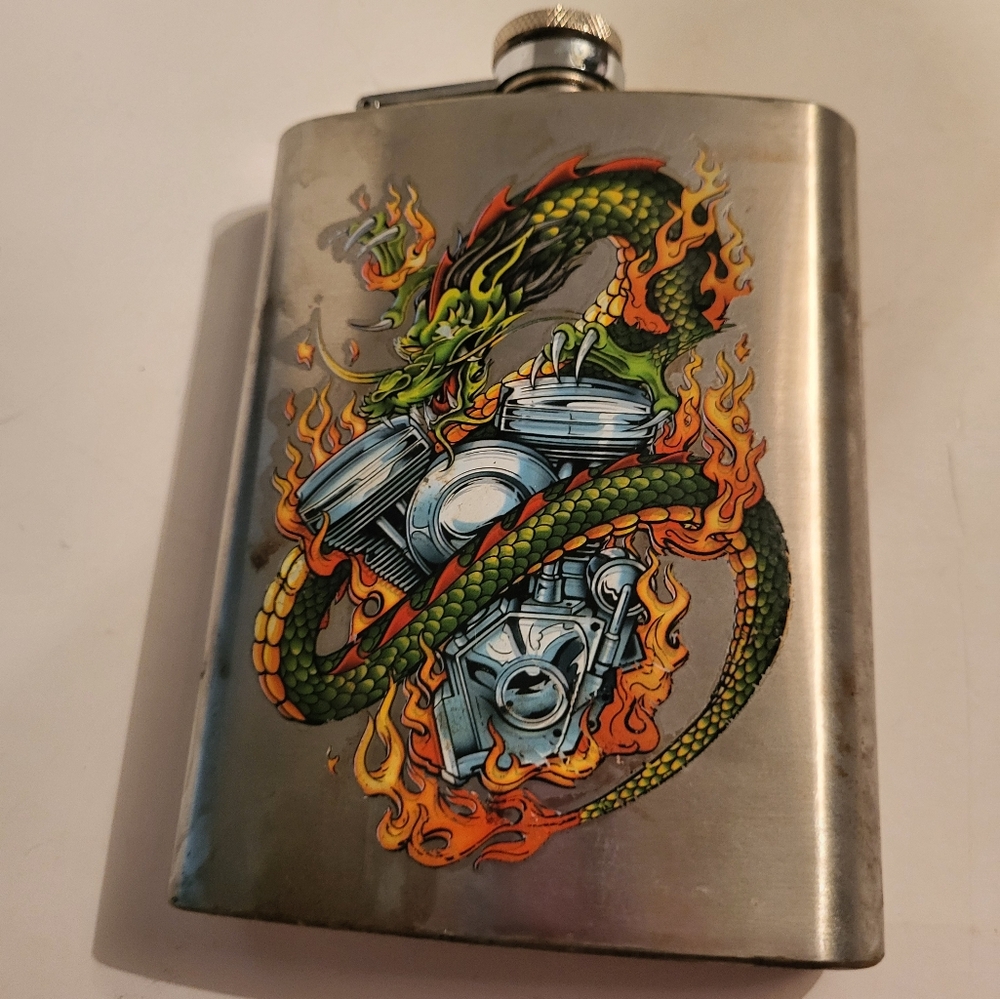 Vintage Dragon Motor Flask Rare Graphics.